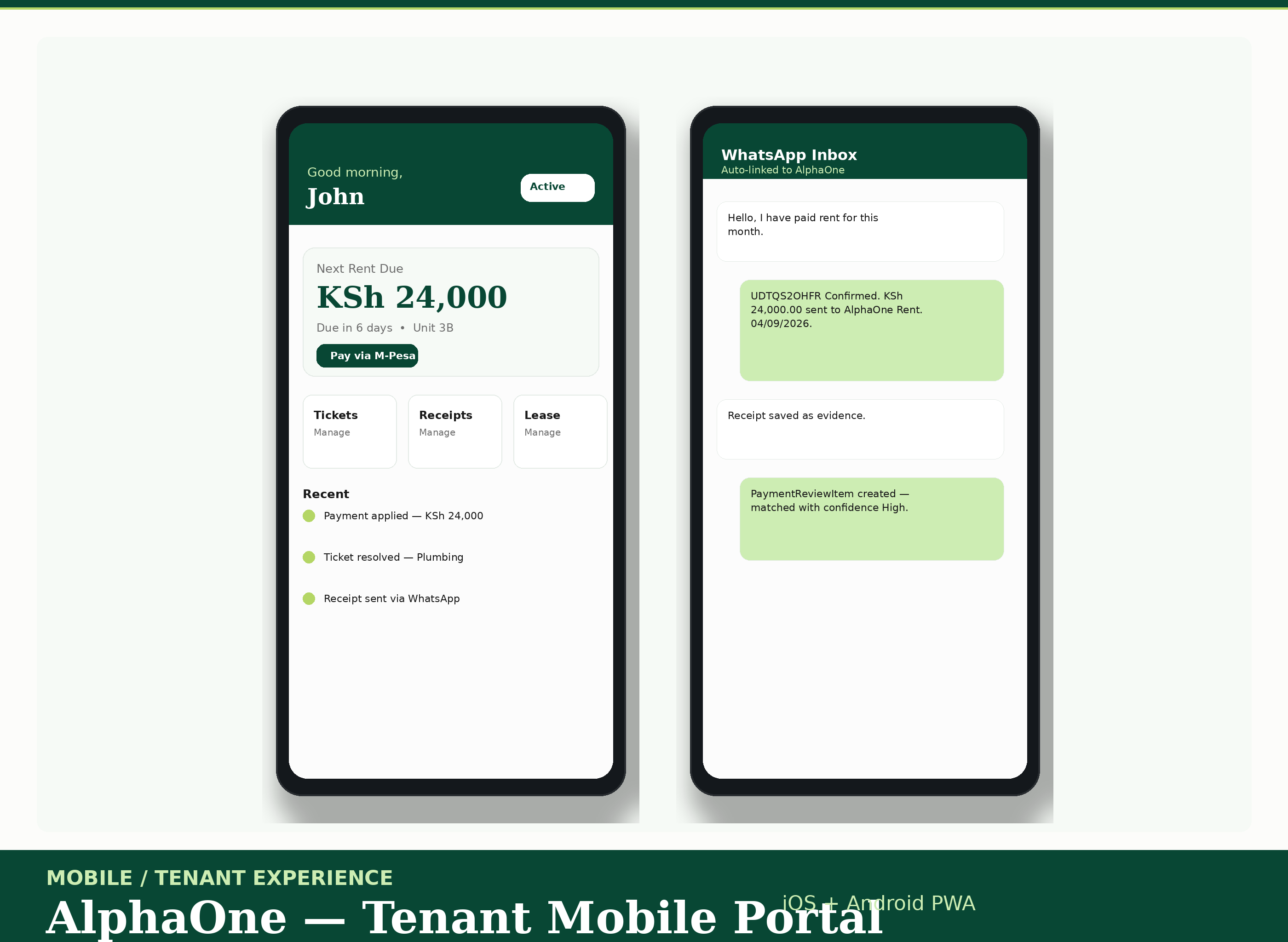 AlphaOne tenant mobile portal and WhatsApp inbox showing auto-receipts